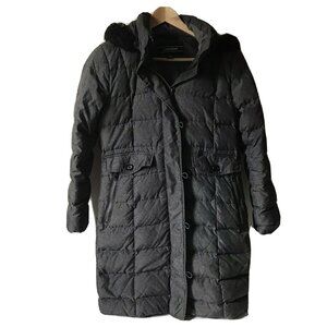 Lands End Women XS Grey Hooded Down Puffer Coat Faux Fur Hood Maxi Long Outdoors